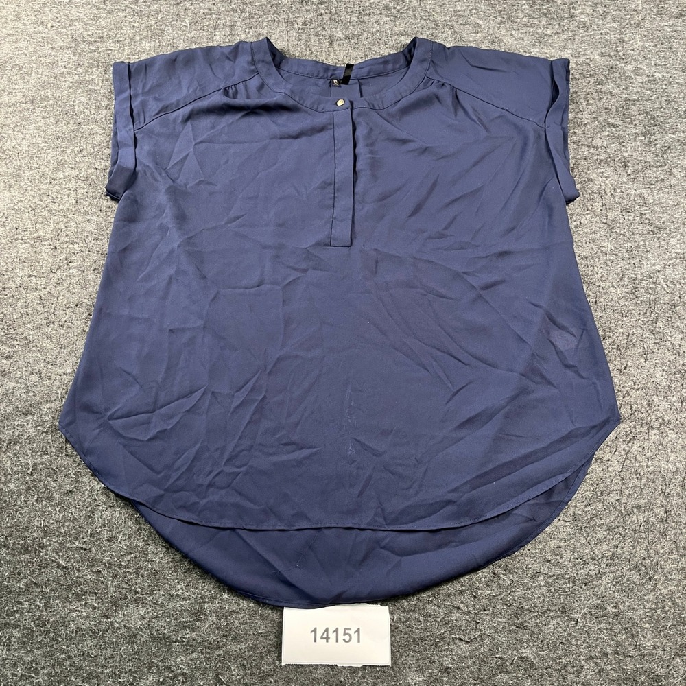 Maurices Cuffed Blouse Top Womens XL Blue Curved Hem Pleated Back Round Neck